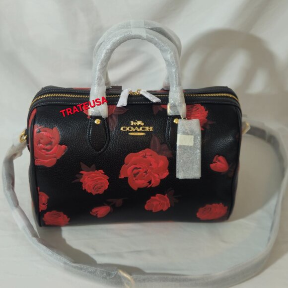 Rowan Large Satchel Bag With Floral Print CCE27 Black Red Packed - Picture 1 of 16